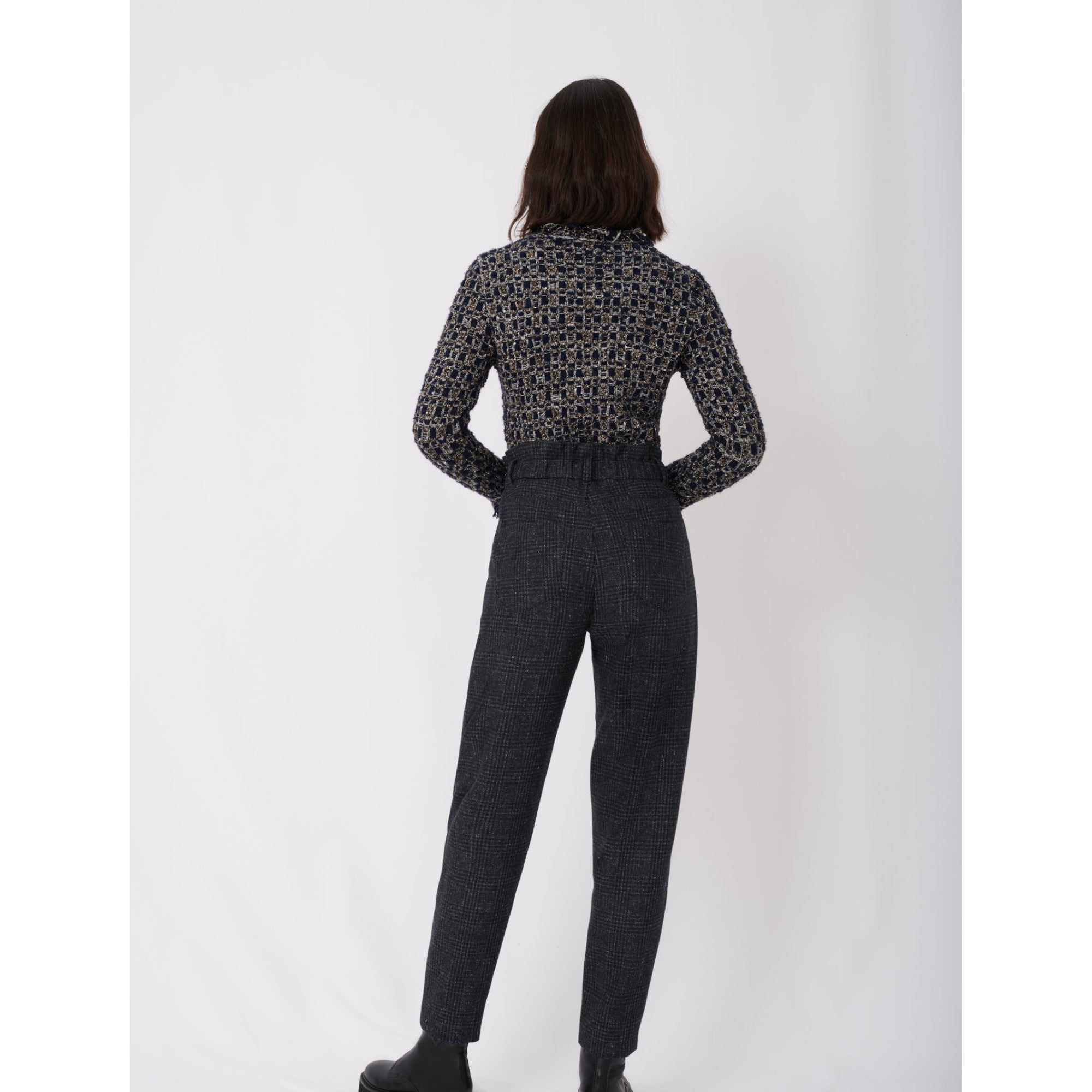 Women Checked Trousers In Recycled Wool - Blue