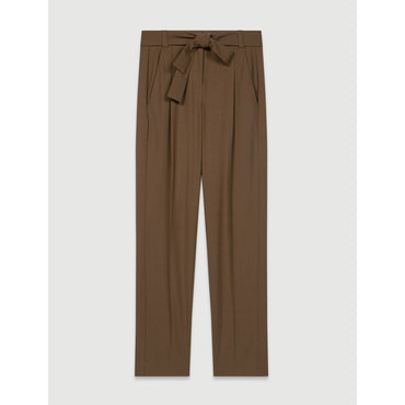 Women Straight-Cut Belted Suit Trousers - Brown