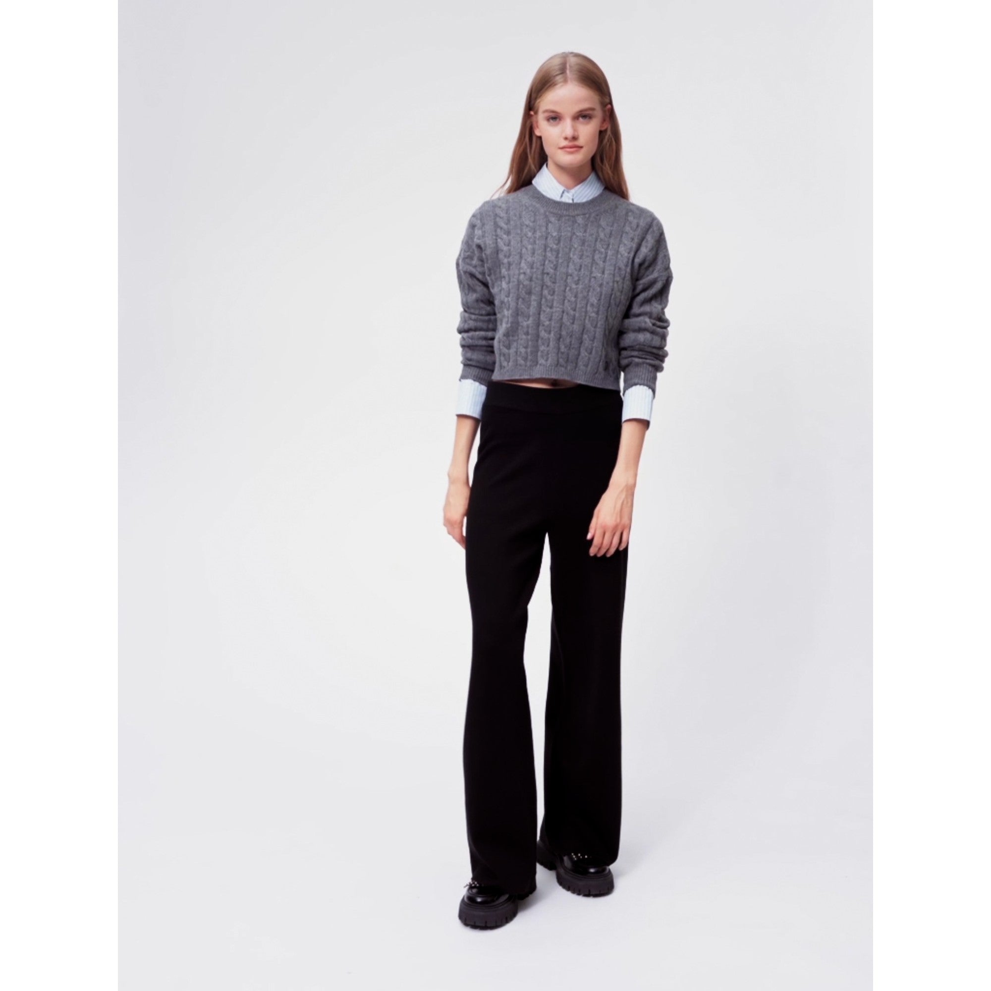 Women Black Wide-Leg Knitted Pants - Black