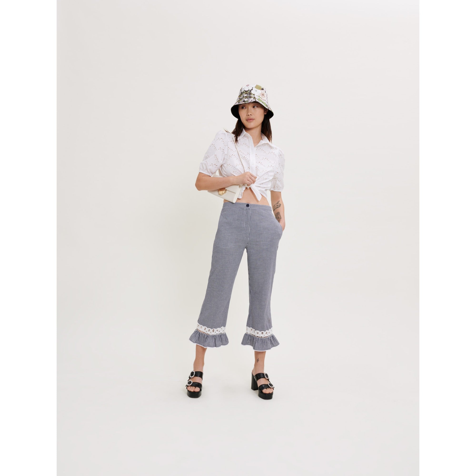 Women Gingham And Lace Pants - Navy / Ecru