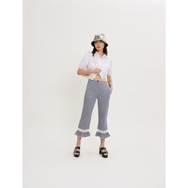 Women Gingham And Lace Pants - Navy / Ecru