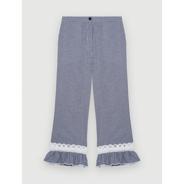 Women Gingham And Lace Pants - Navy / Ecru