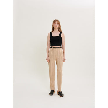 Women Fitted Striped Trousers - Beige