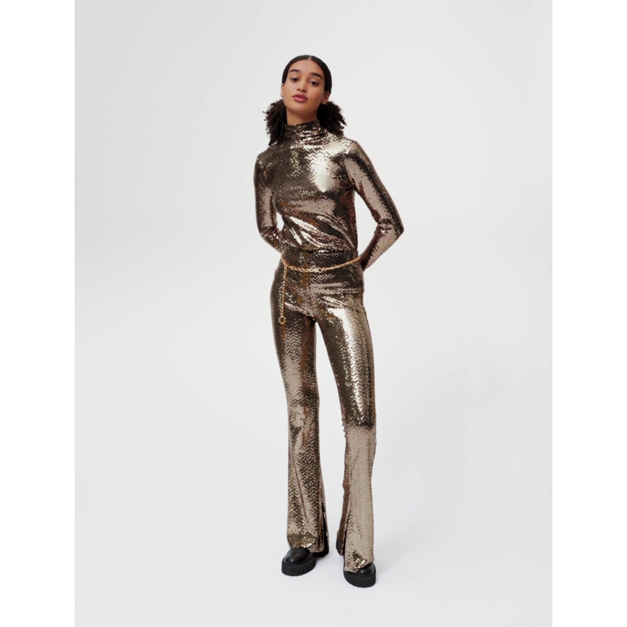 Women Sequin Stretch And Flare Pants - Gold