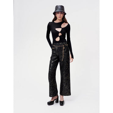 Women Black Tweed Trousers With Sequins - Black