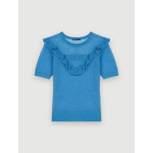 Women Lace-Style Knitted Sweater With Ruffles - Blue