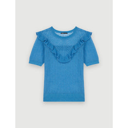 Women Lace-Style Knitted Sweater With Ruffles - Blue