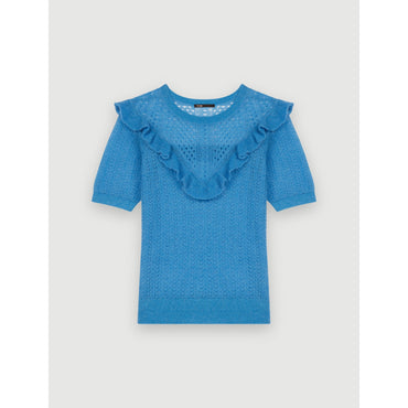 Women Lace-Style Knitted Sweater With Ruffles - Blue