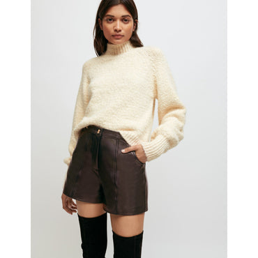 Women Decorative Knit Pullover With Collar - Ecru