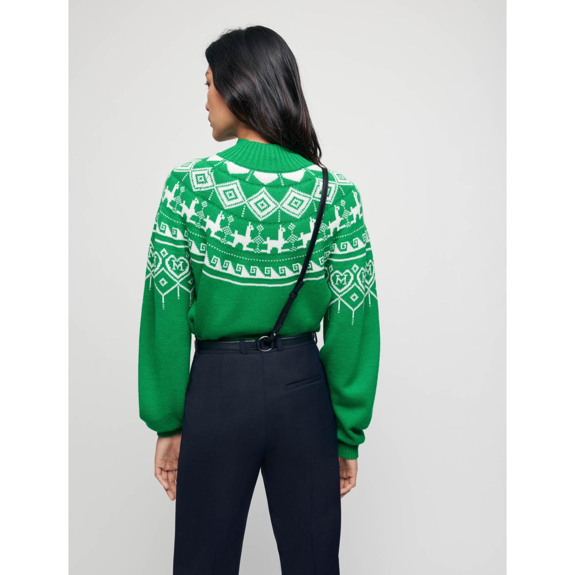 Women Jacquard Pullover With Stand-Up Collar - Green