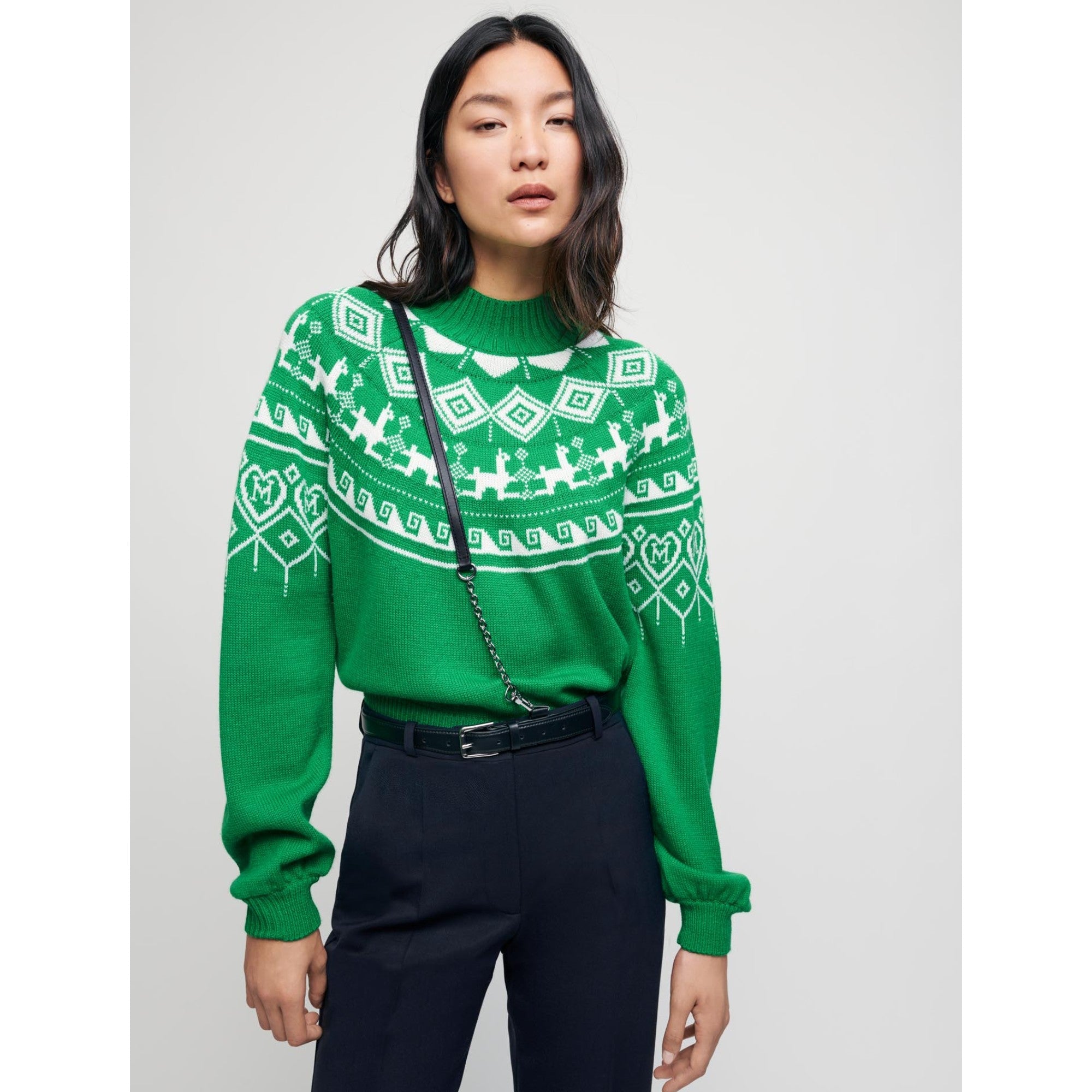 Women Jacquard Pullover With Stand-Up Collar - Green