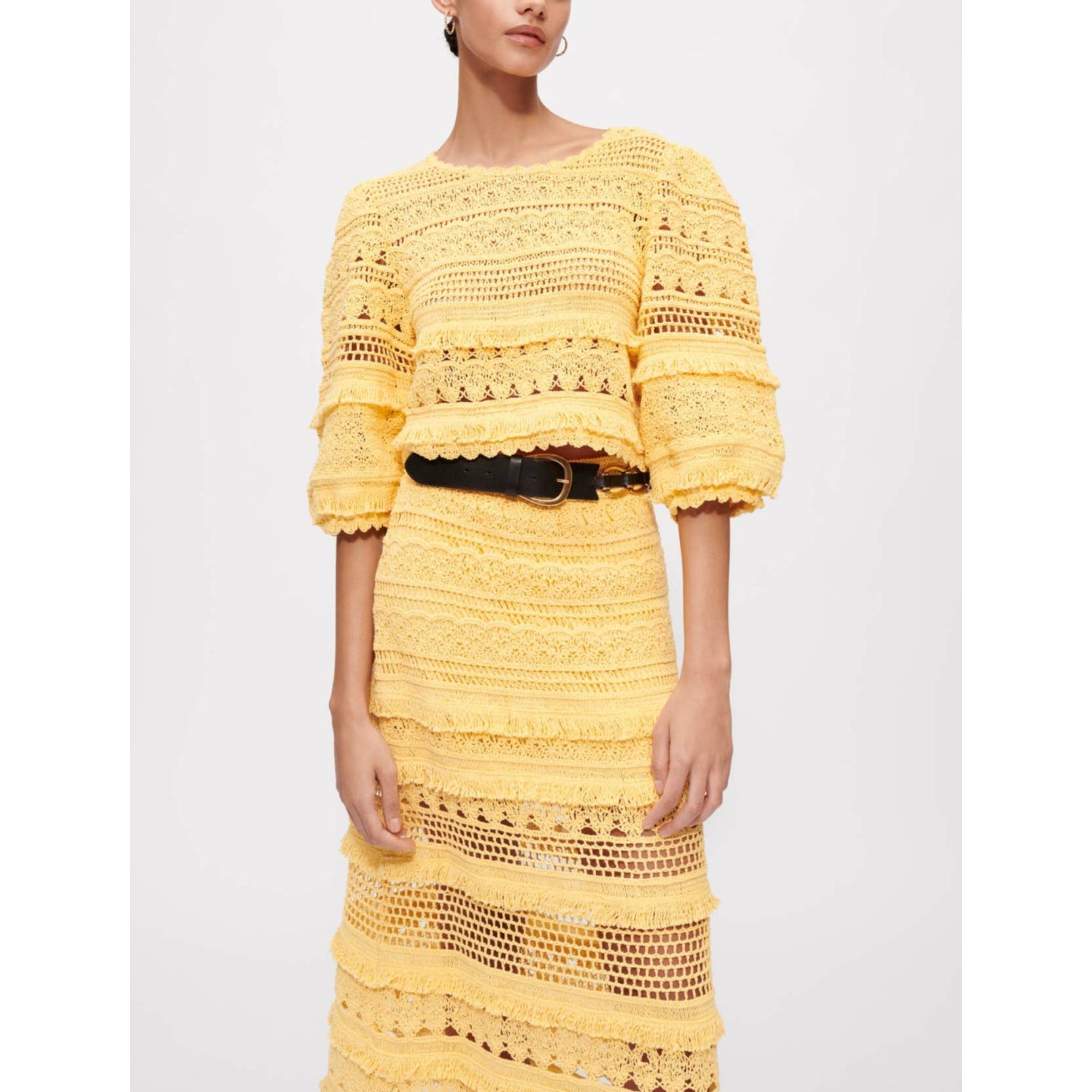 Women Crochet Knit Top With Fringing - Yellow