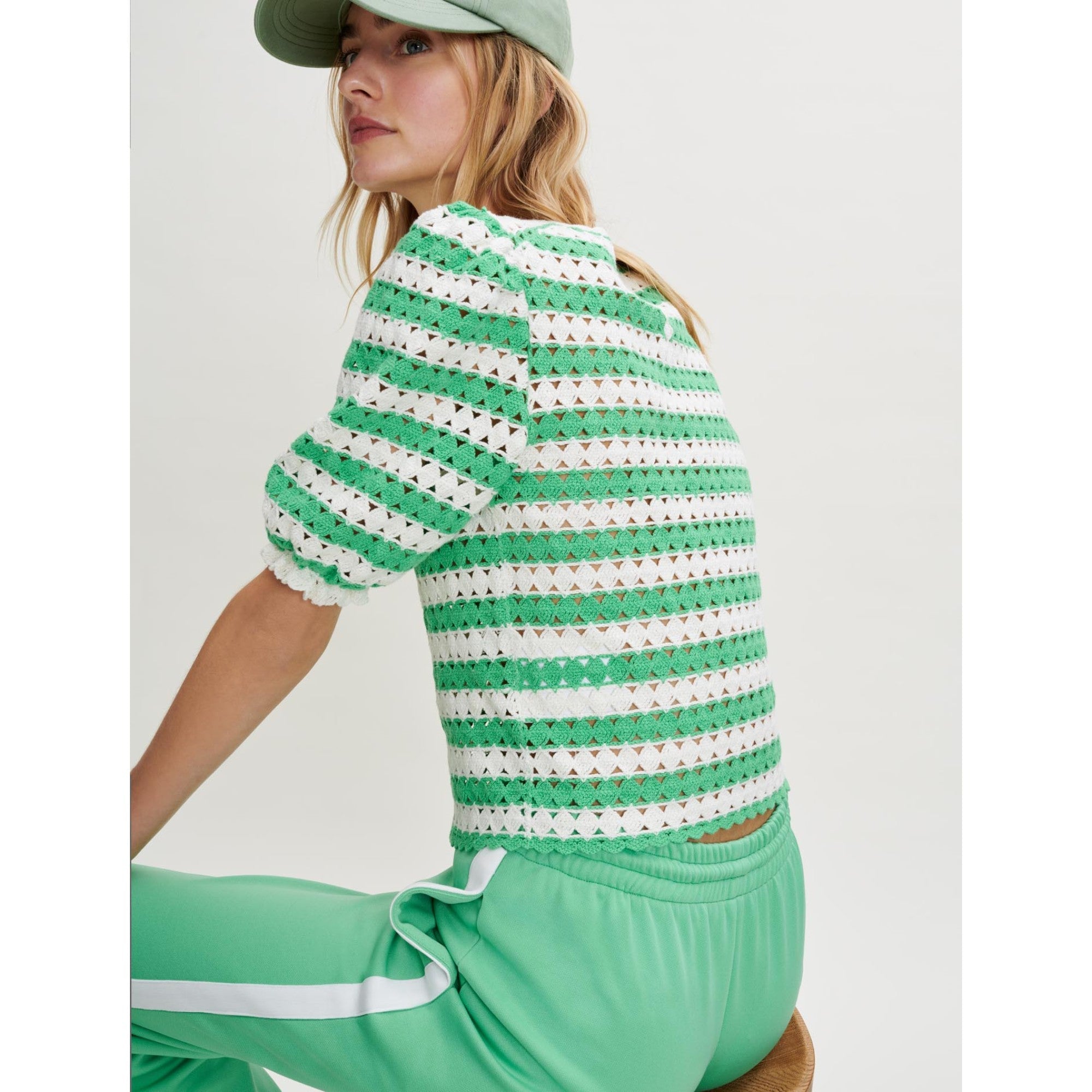 Women Crochet Striped Pullover  - Ecru / Green