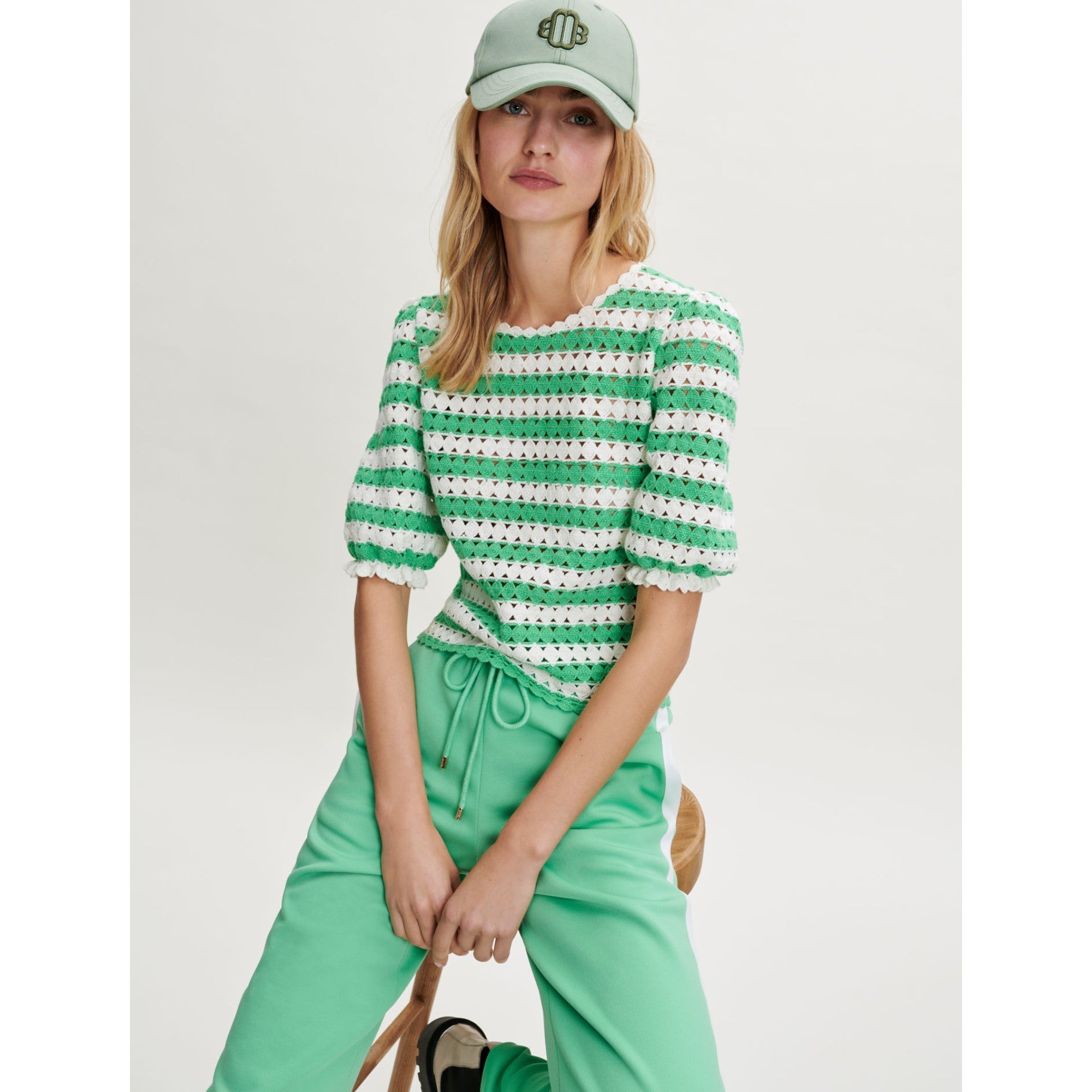 Women Crochet Striped Pullover  - Ecru / Green