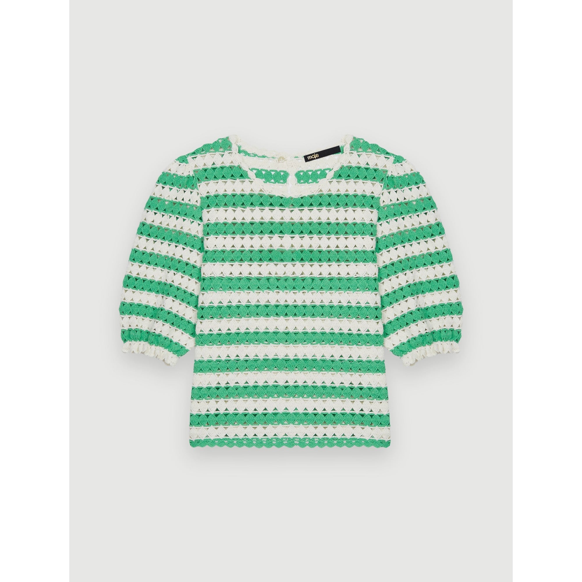 Women Crochet Striped Pullover  - Ecru / Green