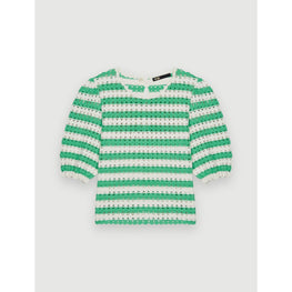 Women Crochet Striped Pullover- Ecru / Green