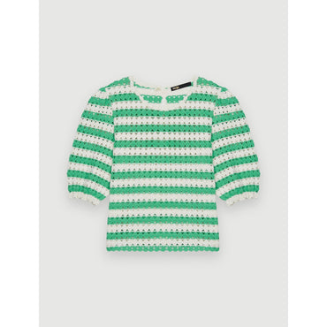 Women Crochet Striped Pullover- Ecru / Green