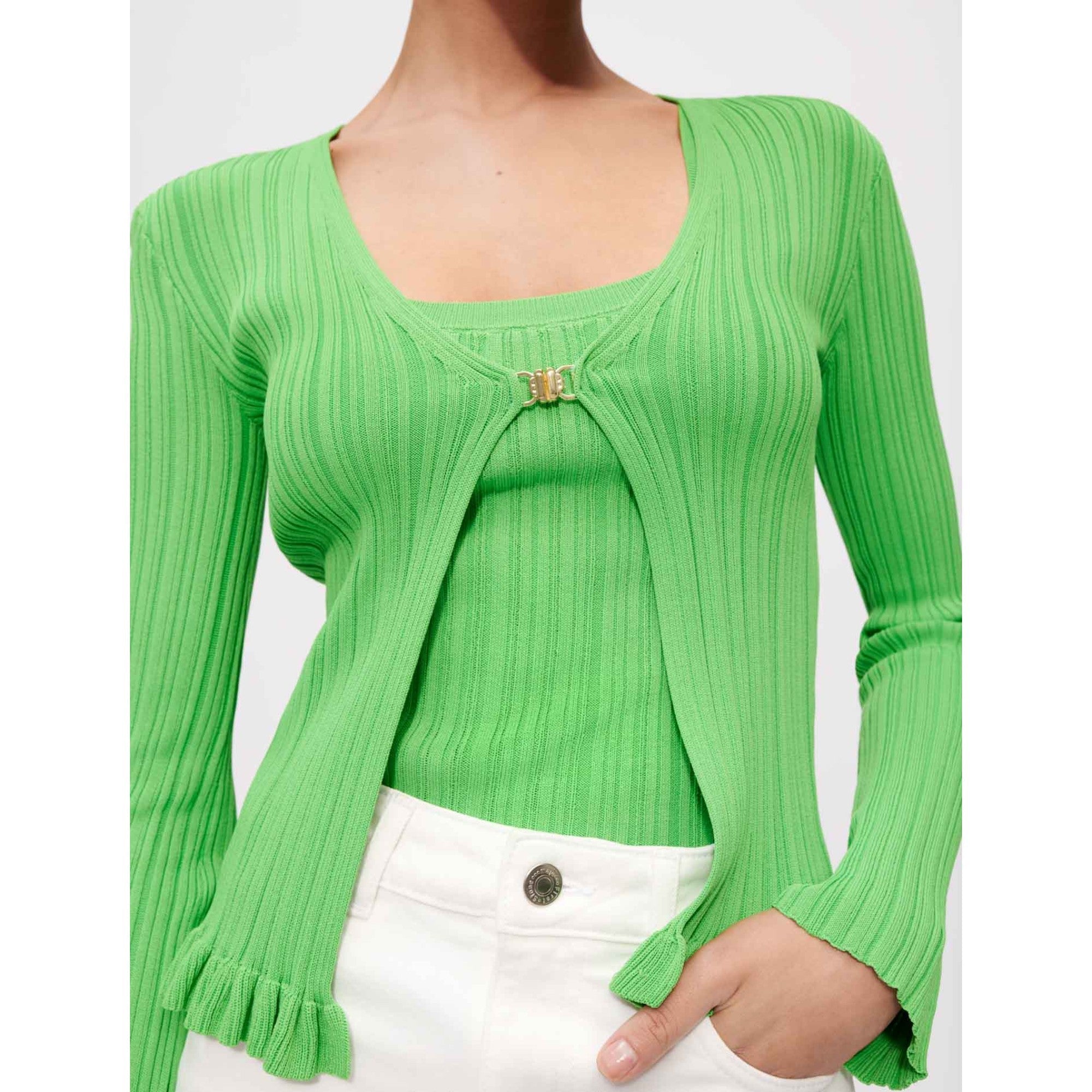 Women Ribbed And Ruffled Knitted Cardigan - Green