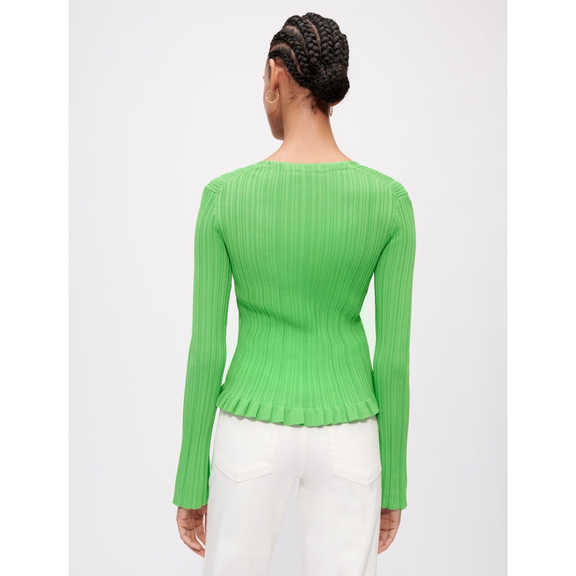 Women Ribbed And Ruffled Knitted Cardigan - Green