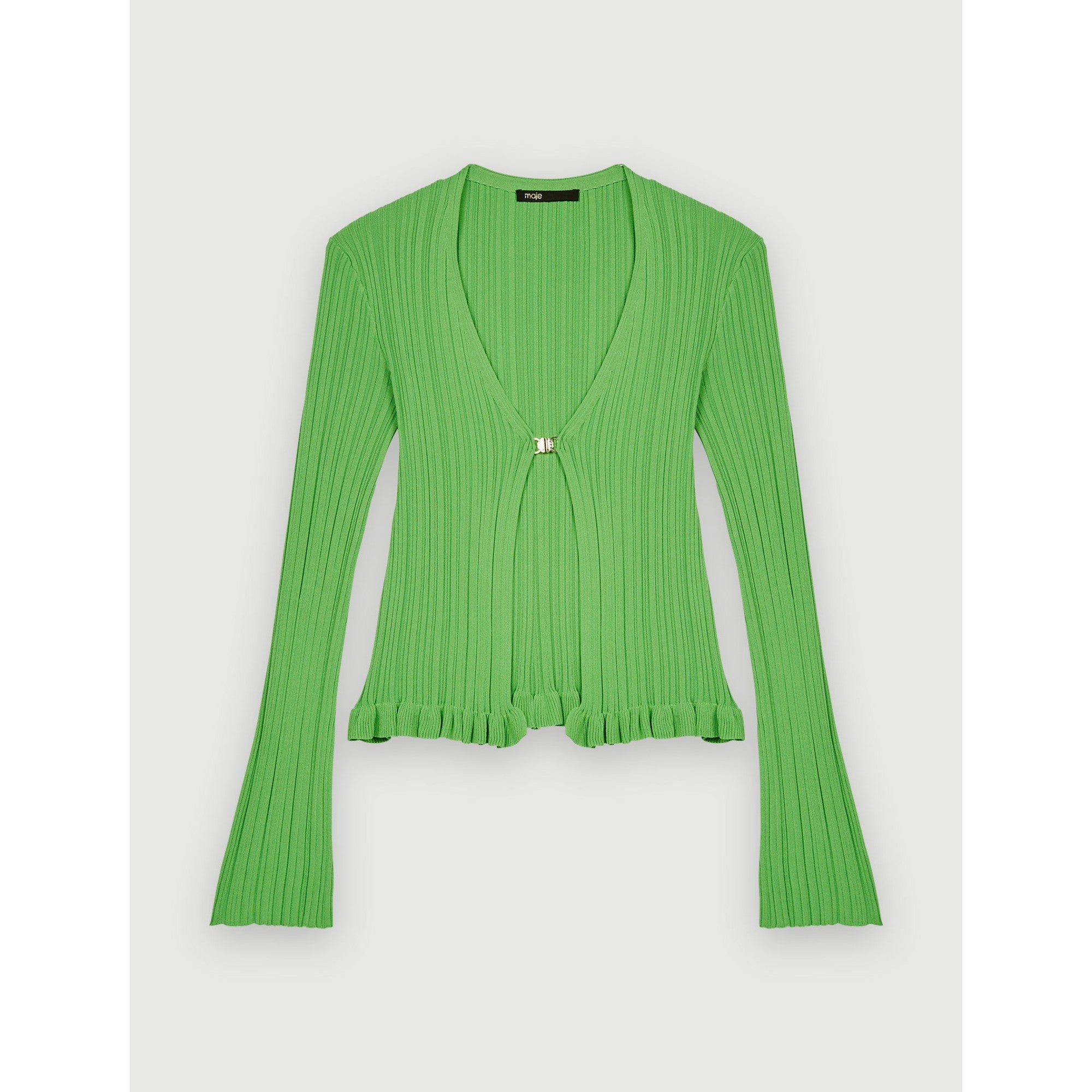 Women Ribbed And Ruffled Knitted Cardigan - Green