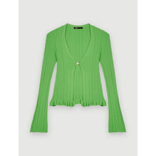 Women Ribbed And Ruffled Knitted Cardigan - Green