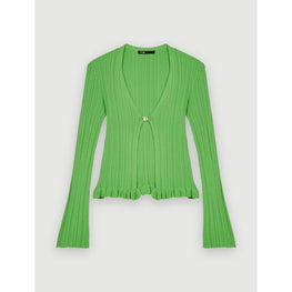 Women Ribbed And Ruffled Knitted Cardigan - Green