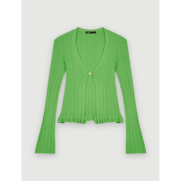 Women Ribbed And Ruffled Knitted Cardigan - Green