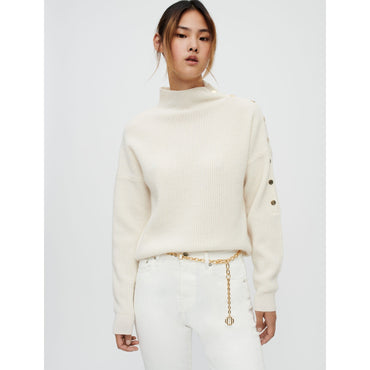 Women Cashmere Sweater With Gold Press Studs - Ecru