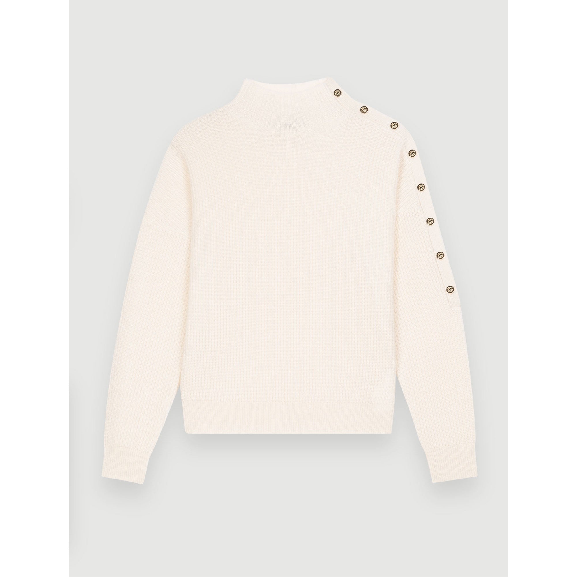 Women Cashmere Sweater With Gold Press Studs - Ecru