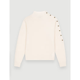 Women Cashmere Sweater With Gold Press Studs - Ecru