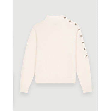 Women Cashmere Sweater With Gold Press Studs - Ecru