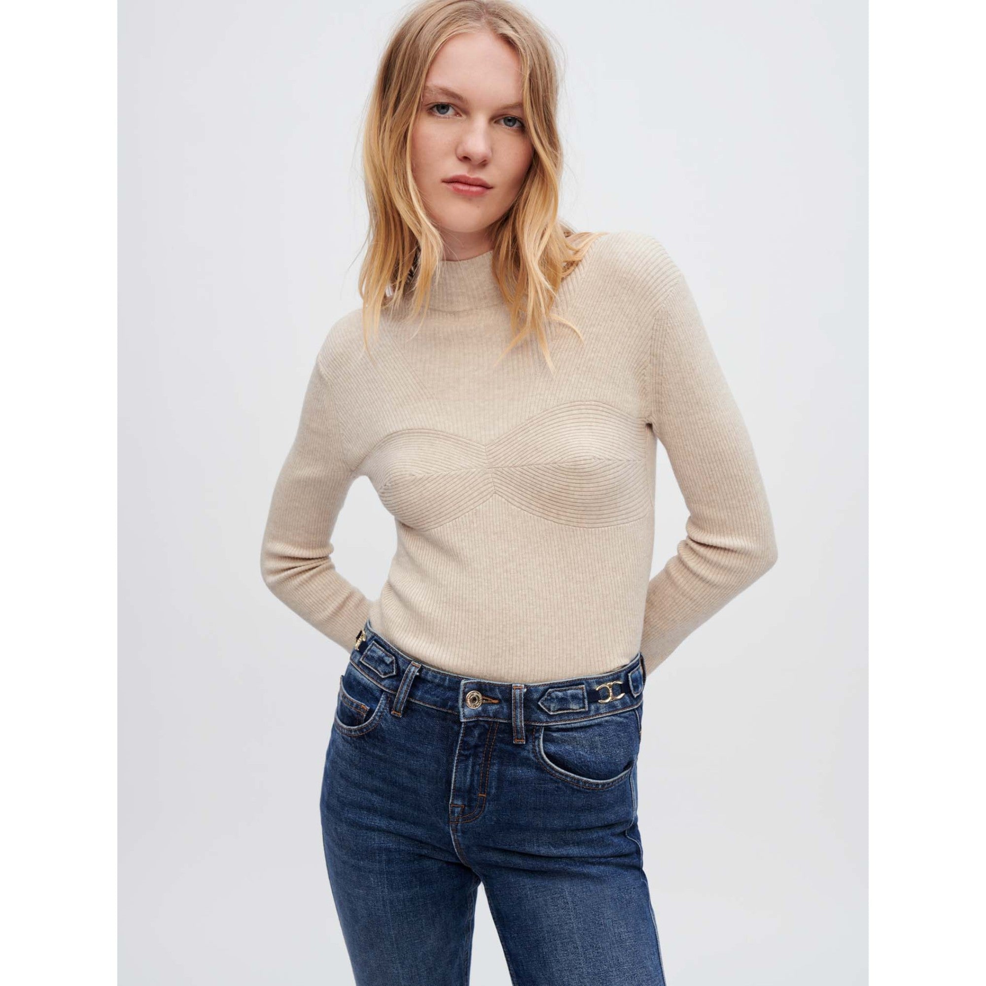 Women Fitted Sweater With Cut-Outs - Beige