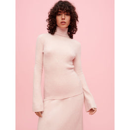 Women High-Necked Stretch Knit Pullover - Pale Pink