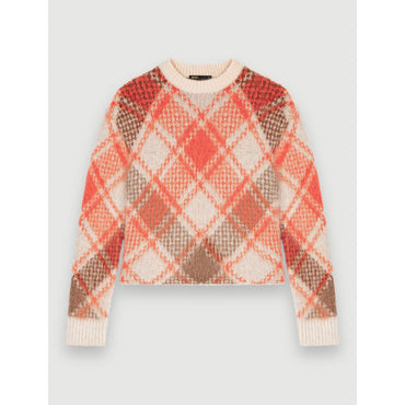 Women Fluffy Diamond Jacquard Pullover - Orange