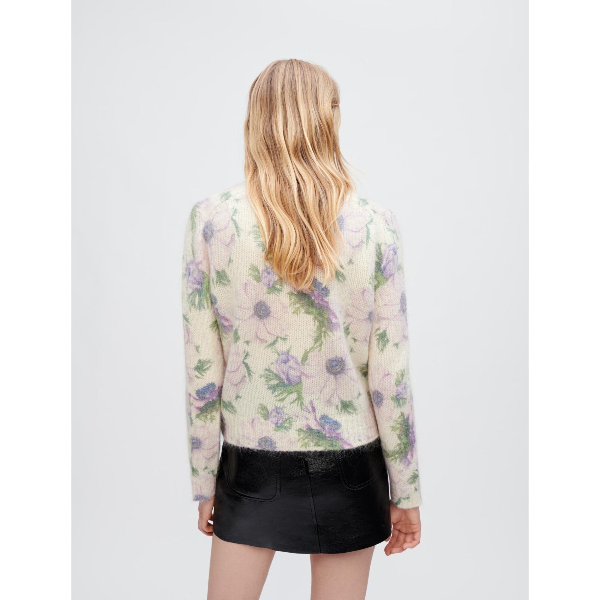 Women Flower Fluffy Jacquard Sweater - Purple