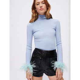 Women Turtleneck Pullover With Feathered Cuffs - Light Blue