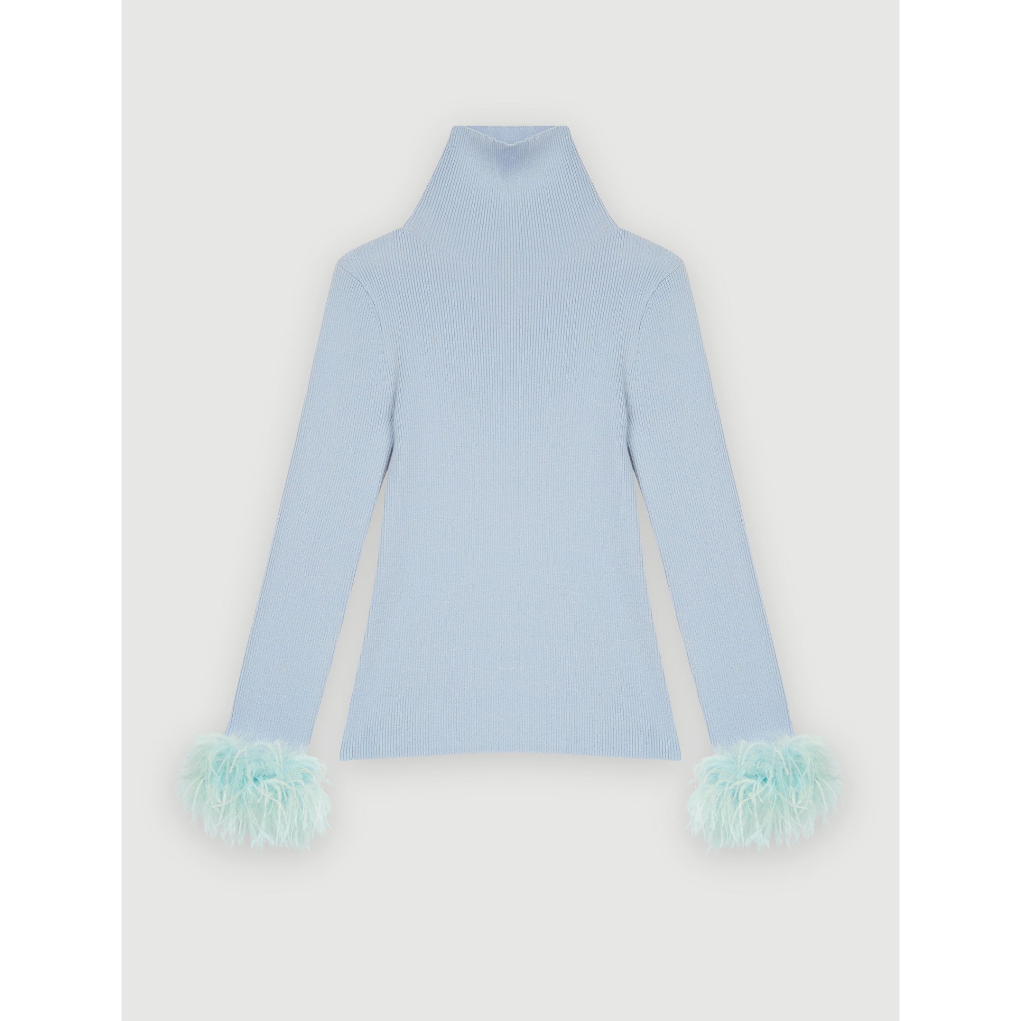 Women Turtleneck Pullover With Feathered Cuffs - Light Blue