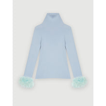 Women Turtleneck Pullover With Feathered Cuffs - Light Blue