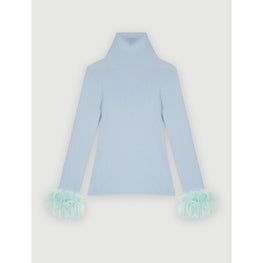 Women Turtleneck Pullover With Feathered Cuffs - Light Blue