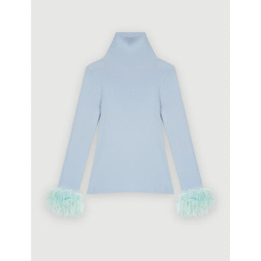 Women Turtleneck Pullover With Feathered Cuffs - Light Blue