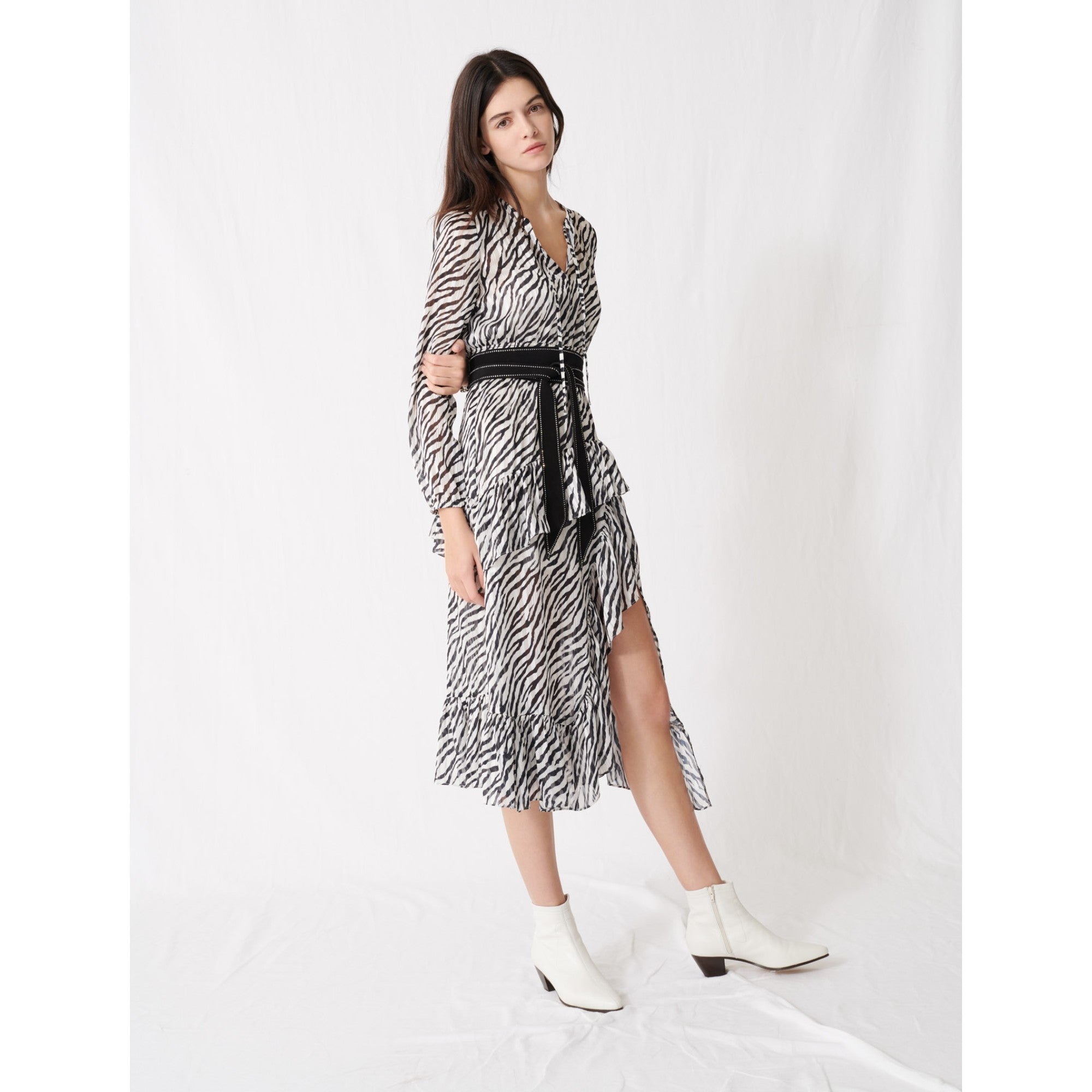 Women Printed Black And White Asymmetric Dress - Black / White