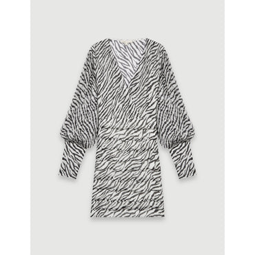 Women Shirred Printed Muslin Dress - Black / White