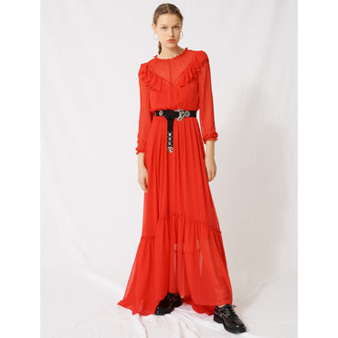 Women Long Muslin Dress With Ruffles - Red