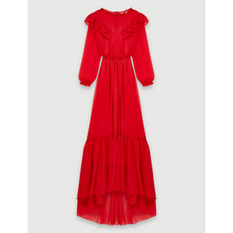 Women Long Muslin Dress With Ruffles - Red