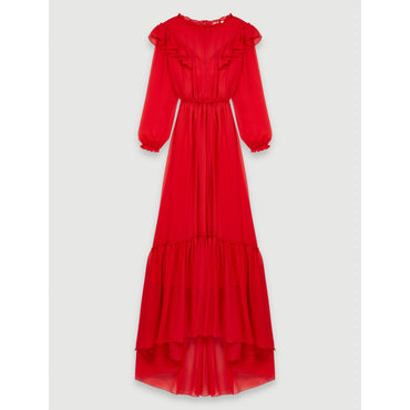 Women Long Muslin Dress With Ruffles - Red