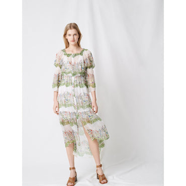 Women Printed Silk Long Dress - Ecru / Green