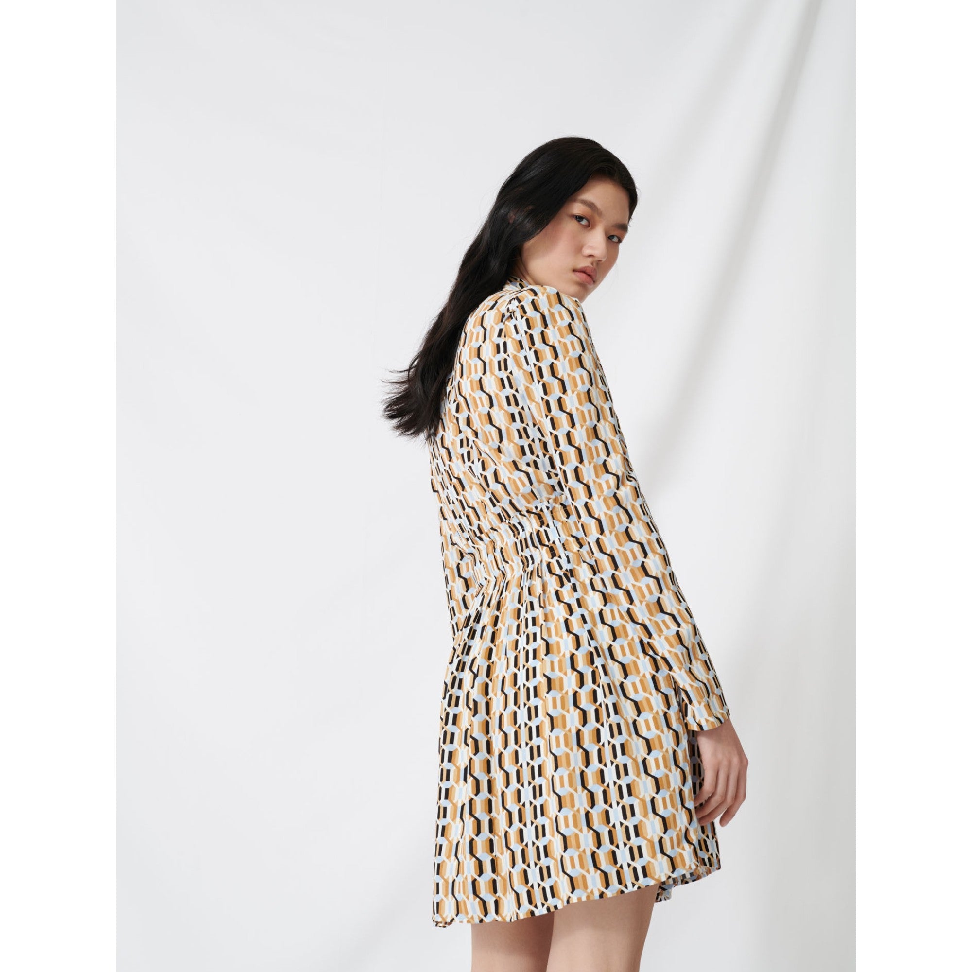 Women Printed Smocked Crêpe Dress - Blue Sky