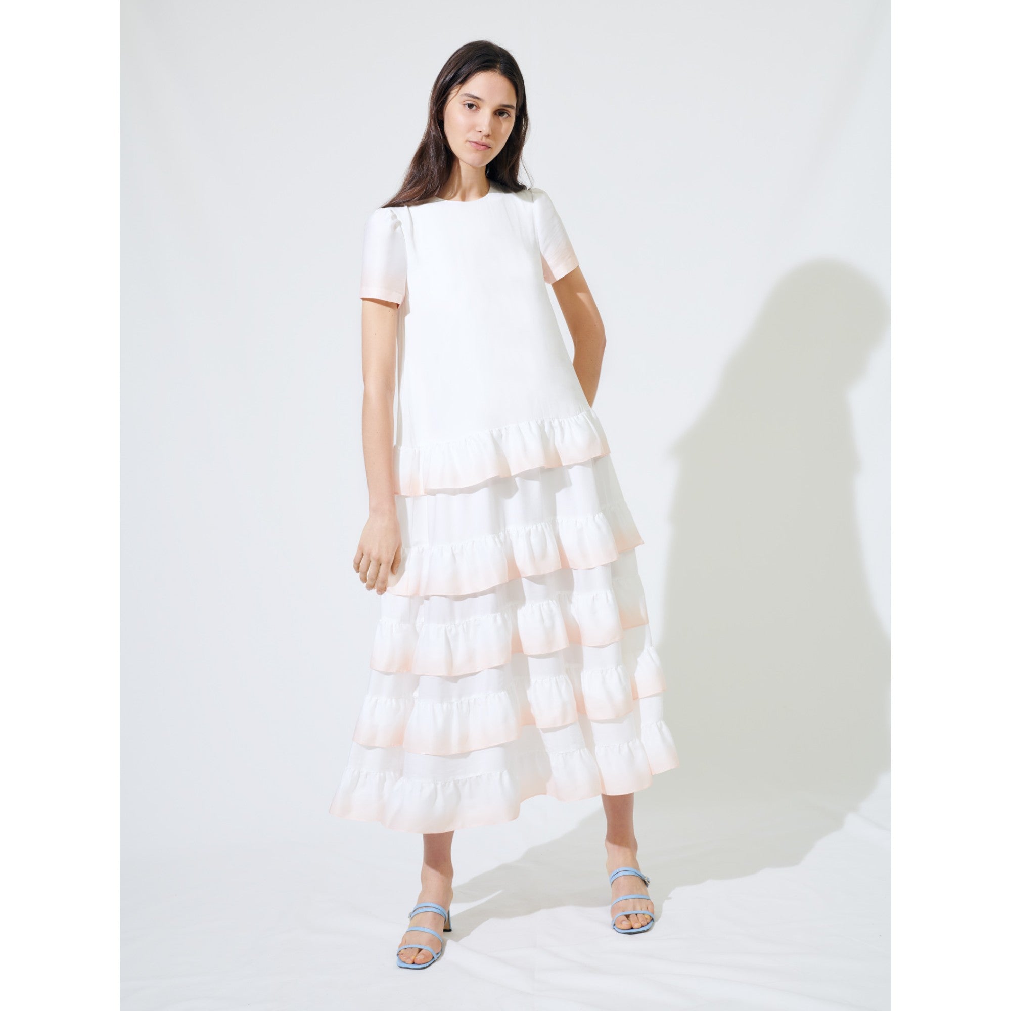 Women Gradated Tie-Dye Style Ruffled Dress - White