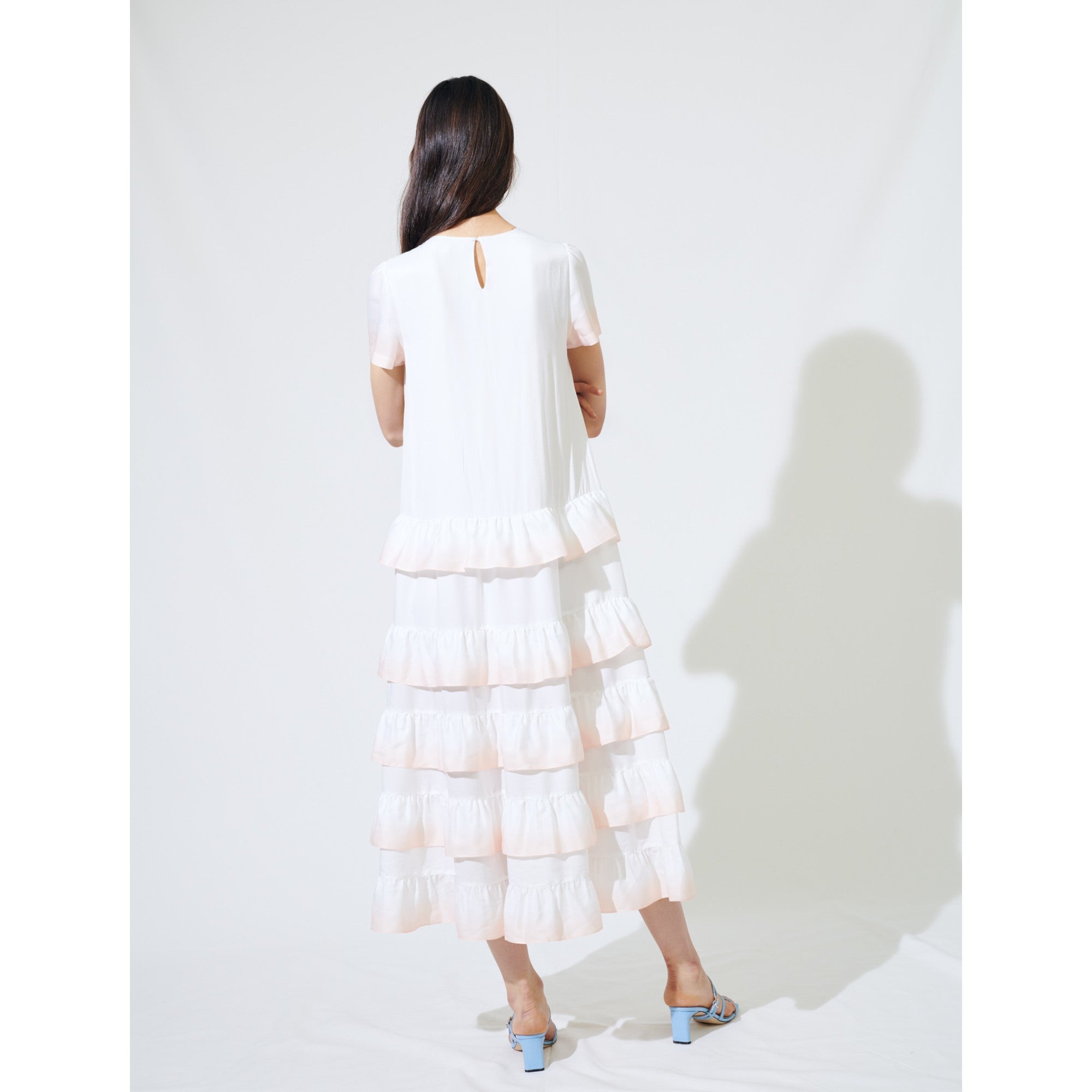 Women Gradated Tie-Dye Style Ruffled Dress - White