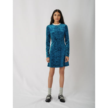 Women Crushed Velvet Dress With Fancy Collar- Blue